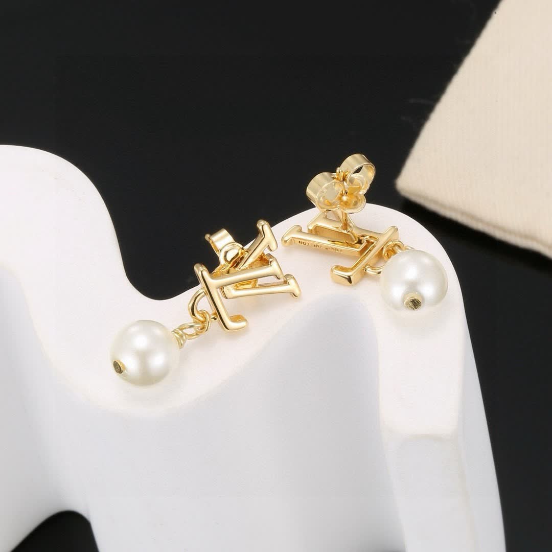 Louis Vuitton Gold 'LV' Logo Pearl Drop Earrings